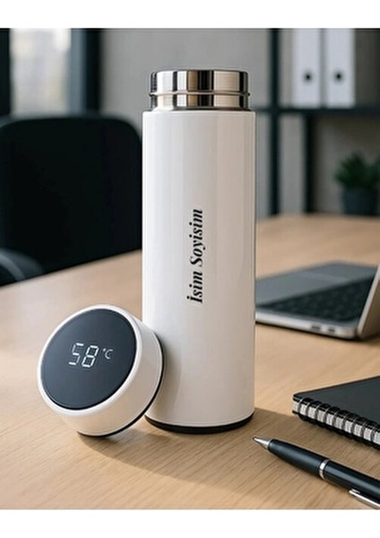 Beyaz Dereceli Çelik Dijital LED Sıcaklık Göstergeli Akıllı Termos Matara Isim Baskılı 500ML