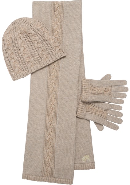 Bej Örgü Desenli Atkı Bere ve Eldiven Kız Çocuk 3'lü Set