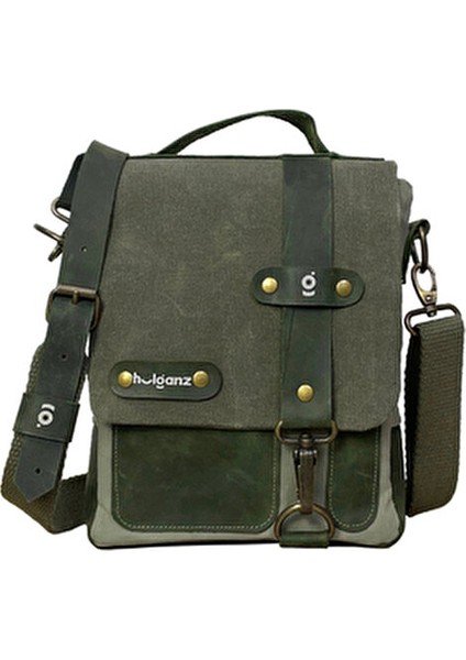 Retro Desenli Hakiki Deri ve Mumlu Kanvas Postacı & El Çantası 17X20 cm