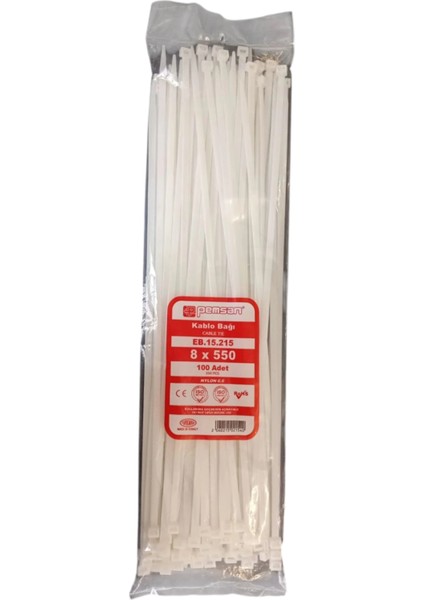 Klips Kablo Bağı 8X550 Beyaz (100LÜ Paket) Kablo Cırdı