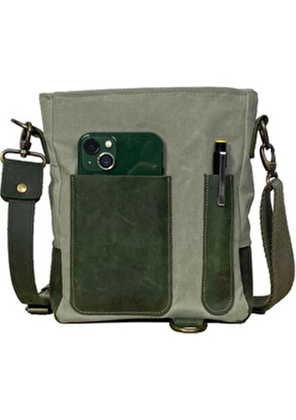 Retro Desenli Hakiki Deri ve Mumlu Kanvas Postacı & El Çantası 17X20 cm