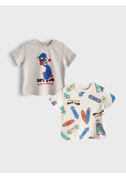 Yeni Sezon Bisiklet Yaka Baskılı Erkek Çocuk Tişört 2'li
