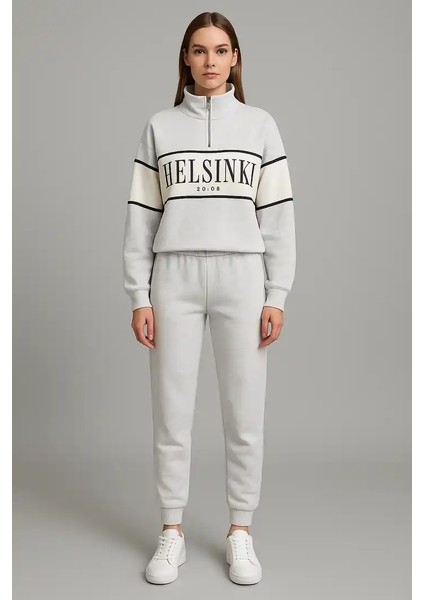 Önü Fermuarlı Helsinşı Baskılı Kısa Sweat