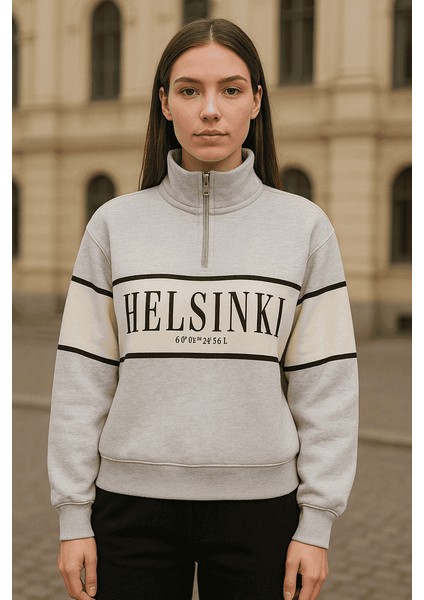 Önü Fermuarlı Helsinşı Baskılı Kısa Sweat modelleri
