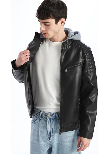 Yeni Sezon Slim Fit Kapüşonlu Erkek Deri Görünümlü Ceket
