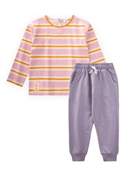 Çizgili Uzun Kollu T-Shırt Takım 2-12 Yaş Pembe Turuncu Çizgili