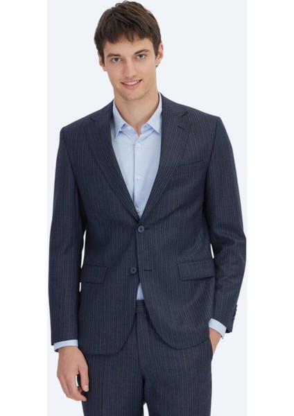 Lacivert Çizgili Modern Fit Yün Karışımlı Takım Elbise