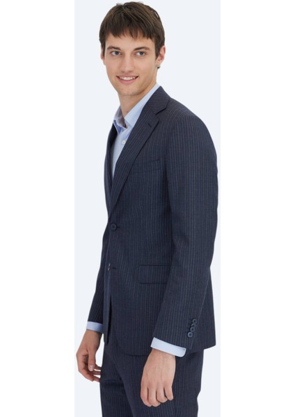 Lacivert Çizgili Modern Fit Yün Karışımlı Takım Elbise modelleri