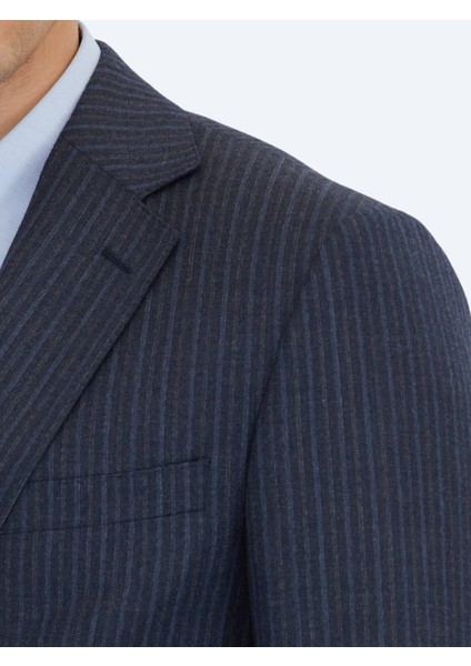 Lacivert Çizgili Modern Fit Yün Karışımlı Takım Elbise indirimleri