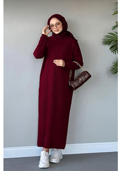 Fitilli Triko Elbise Koyu Bordo