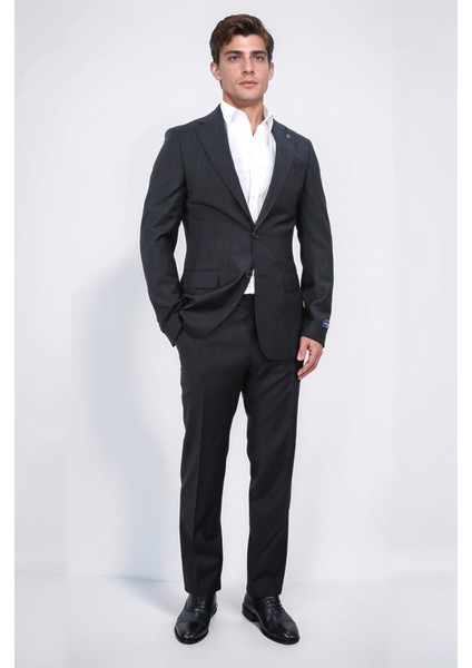 Slim Fit Mono Yaka Siyah Çizgili Yünlü Takım Elbise
