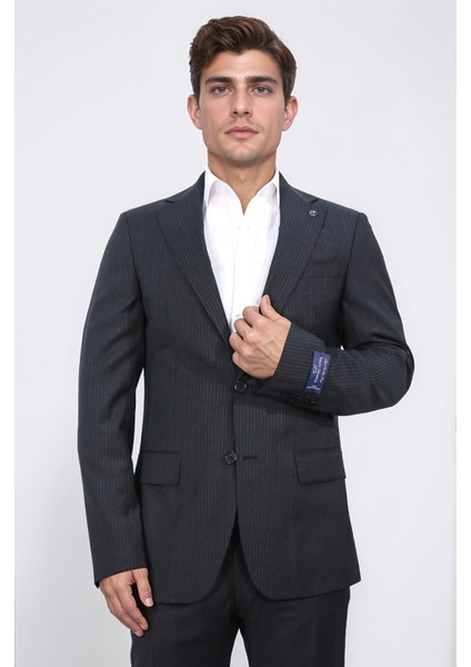 Slim Fit Mono Yaka Siyah Çizgili Yünlü Takım Elbise fiyatları