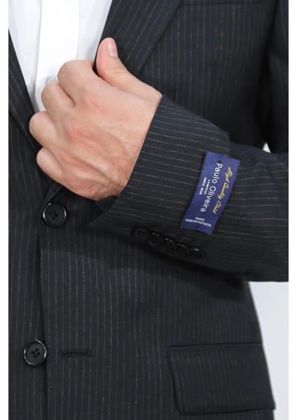 Slim Fit Mono Yaka Siyah Çizgili Yünlü Takım Elbise modelleri