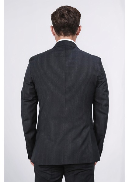 Slim Fit Mono Yaka Siyah Çizgili Yünlü Takım Elbise fırsatları