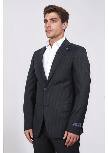 Slim Fit Mono Yaka Siyah Çizgili Yünlü Takım Elbise indirimleri