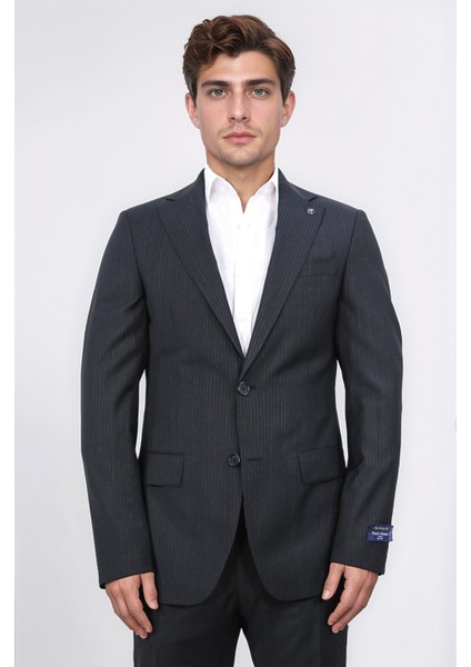 Slim Fit Mono Yaka Siyah Çizgili Yünlü Takım Elbise