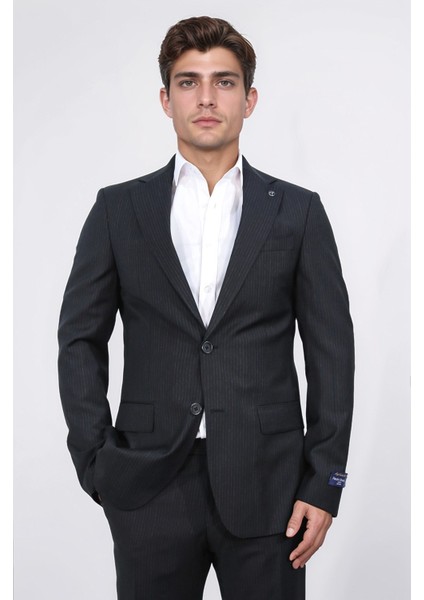 Slim Fit Mono Yaka Siyah Çizgili Yünlü Takım Elbise