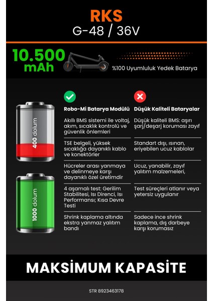 Rks G-48 / 36V 10500MAH Elektrikli Scooter Bataryası - Koruma Katmanlı Batarya Teknolojisi