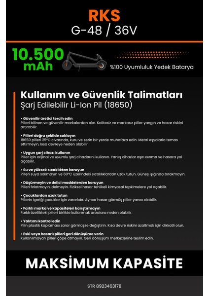 Rks G-48 / 36V 10500MAH Elektrikli Scooter Bataryası - Koruma Katmanlı Batarya Teknolojisi