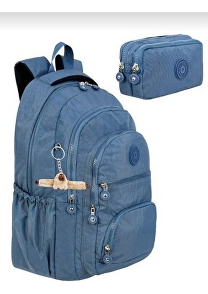 2'li Set Lüx Krinkıl Kumaş Lise ve Ortaokul Sırt Çantası Maymun Anahtarlık Hediyeli