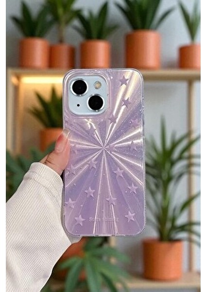 Apple iPhone 13/14 Uyumlu – Mor Yıldız Patlaması Desenli Parlak Şeffaf Silikon Kılıf