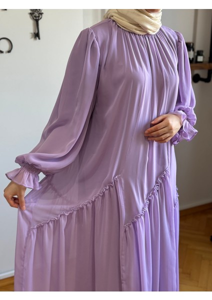 Lila Verev Büzgülü Şifon Elbise 1006