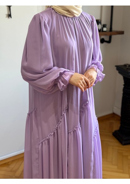Lila Verev Büzgülü Şifon Elbise 1006 fiyatları