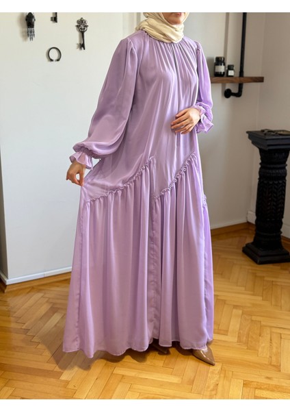 Lila Verev Büzgülü Şifon Elbise 1006 modelleri