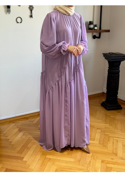 Lila Verev Büzgülü Şifon Elbise 1006 fırsatları