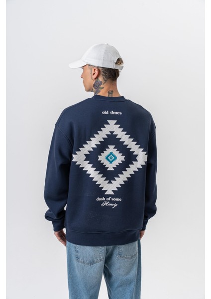 Erkek Memory Baskılı Bisiklet Yaka Oversize Sweatshirt Lacivert