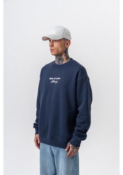 Erkek Memory Baskılı Bisiklet Yaka Oversize Sweatshirt Lacivert modelleri