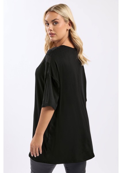 Büyük Beden Kısa Kollu V Yaka Dantel Detaylı Yırtmaçlı Uzun T-Shirt 322971 indirimleri