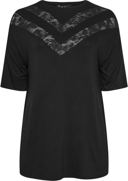 Büyük Beden Kısa Kollu V Yaka Dantel Detaylı Yırtmaçlı Uzun T-Shirt 322971