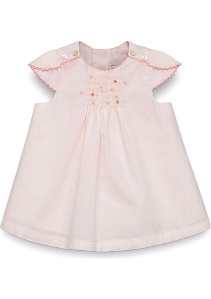 Pembe Çiçek Nakışlı Koton Kız Bebek Elbise