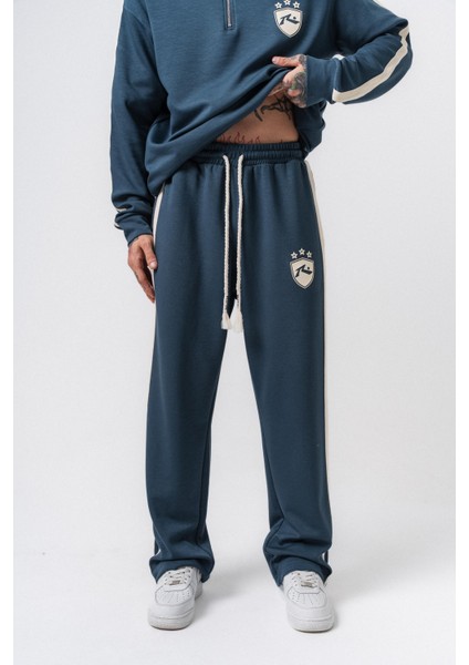 Erkek Şerit Detaylı Modal Baggy Eşofman Altı Petrol