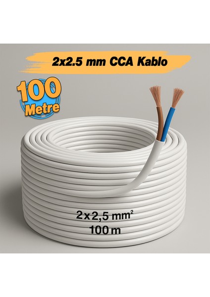 Cca Çok Telli Kablo 2x2.5 mm 100 Metre Elektrik Kablosu Topraklama Yok Alüminyum Alışım Beyaz Renk