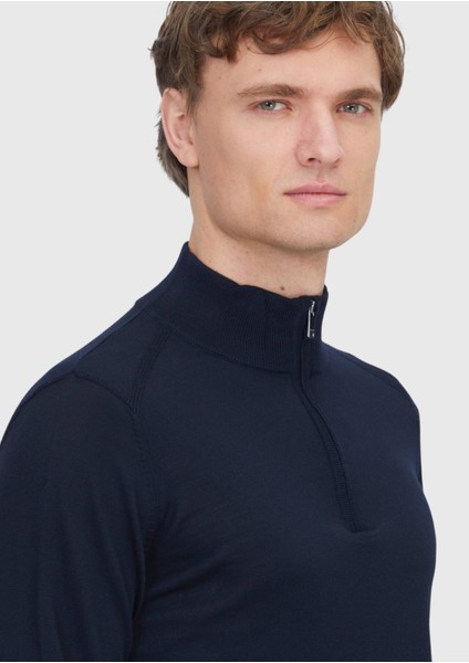 Lacivert Yarım Balıkçı Yaka Düz Örgü Yün Karışımlı Triko Kazak modelleri