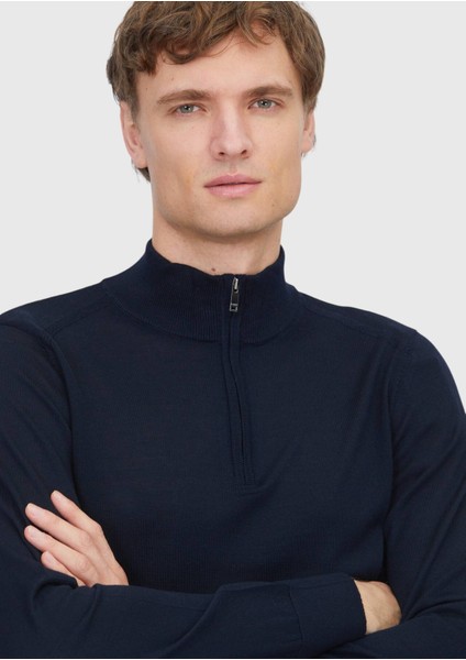 Lacivert Yarım Balıkçı Yaka Düz Örgü Yün Karışımlı Triko Kazak fırsatları