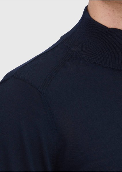 Lacivert Yarım Balıkçı Yaka Düz Örgü Yün Karışımlı Triko Kazak indirimleri