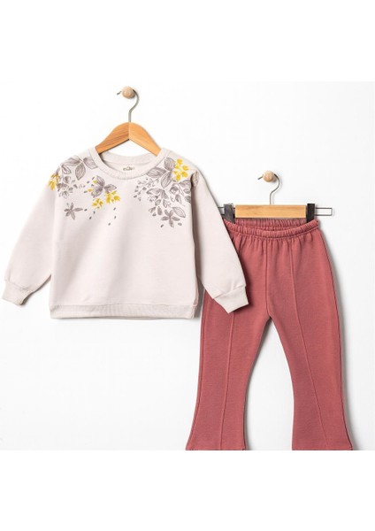 3 Iplik Şardonlu Çiçek Desenli Sweatshirt ve Eşofman Altı Takım 10745GK modelleri
