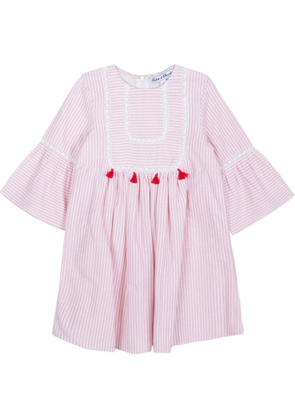 Pembe Çizgili Püskül Detaylı Kız Çocuk Elbise