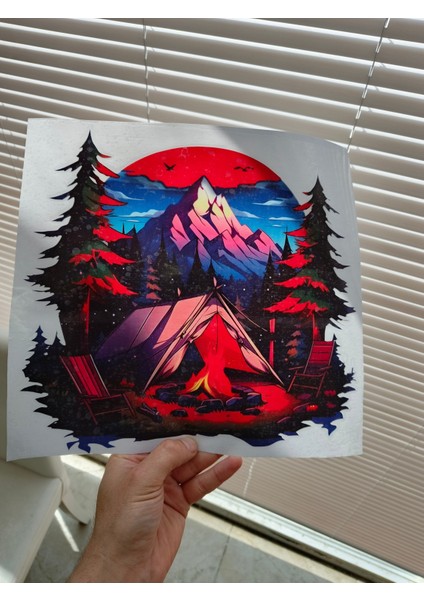 Kamp Karavan Kamp Ateşi Manzara Renkli Baskı Sticker 30 cm Baskes fiyatları