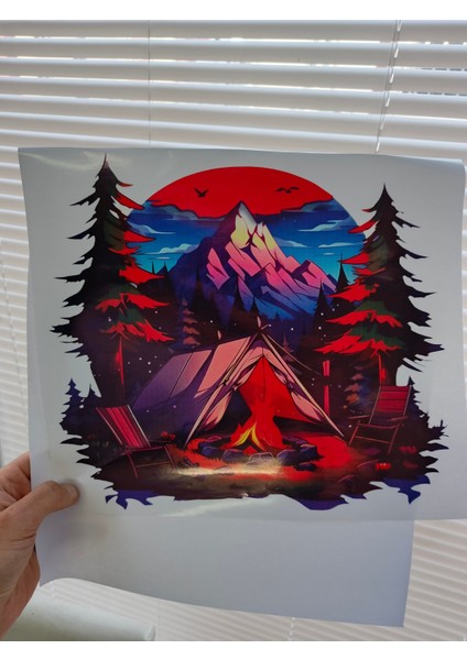 Kamp Karavan Kamp Ateşi Manzara Renkli Baskı Sticker 30 cm Baskes modelleri