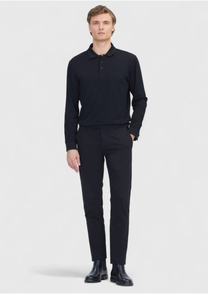 Siyah Düz Dokuma Regular Fit Casual Pamuk Karışımlı Pantolon