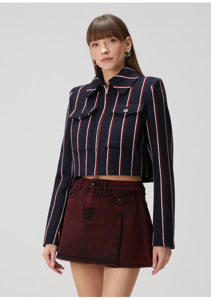 Lacivert Çizgili Crop Yün Ceket