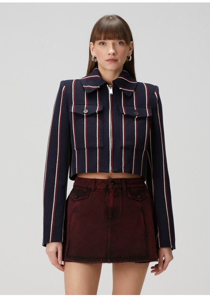 Lacivert Çizgili Crop Yün Ceket modelleri