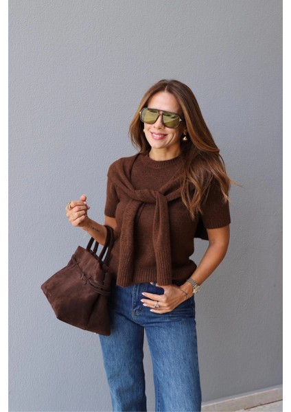 Kahverengi Bağlama Detay Triko