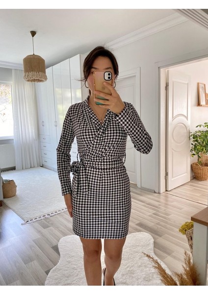 Kadın Uzun Kollu Kruvaze Yaka Bağlamalı Kemer Dalgıç Mini Boy Elbise fırsatları