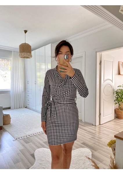 Kadın Uzun Kollu Kruvaze Yaka Bağlamalı Kemer Dalgıç Mini Boy Elbise