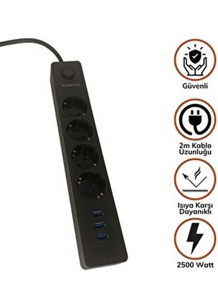 Termak Akım Korumalı 4 Priz 3 USB Girişli Uzatma Kablosu Güç ve Şarj Siyah Renk Gönderilir (5263)